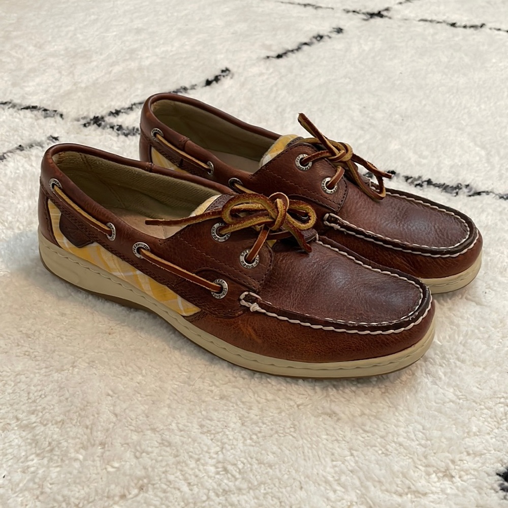 Yellow Plaid Accent Angelfish Brown Leather Sperry Boat Shoes